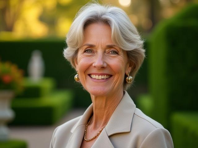 Portrait of Meridronvexalto founder, Elara Vance, smiling warmly in a verdant garden setting