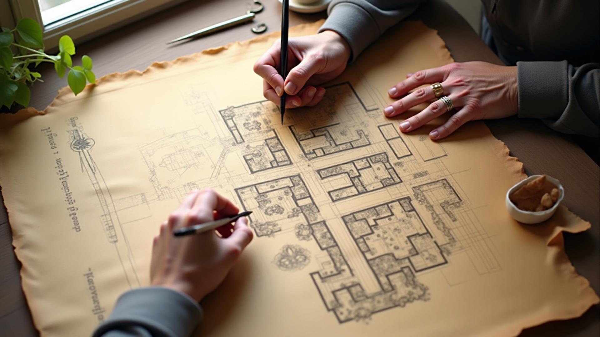 Close-up of a designer's hands sketching a Renaissance garden plan on drafting paper