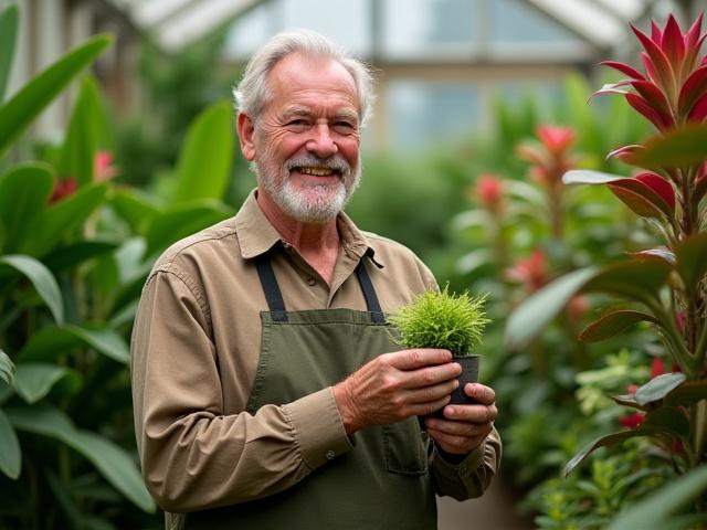 Portrait of Dr. Alistair Finch, Head Horticulturist, smiling among vibrant botanical specimens