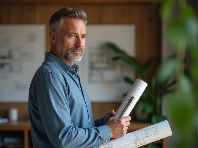 Portrait of Orion Thorne, Lead Designer, in a thoughtful pose looking at garden blueprints