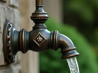 Detail of a cast bronze spout with a rich, developed patina