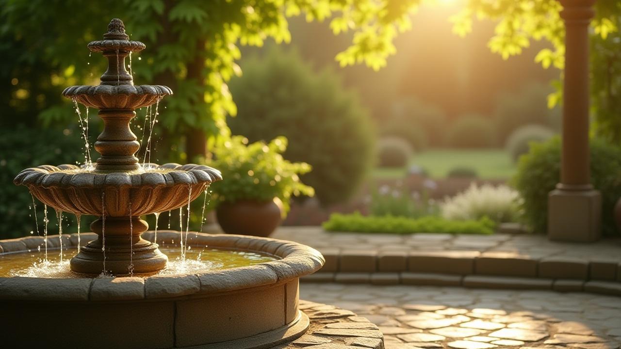 Close-up of water cascading down a multi-tiered stone fountain