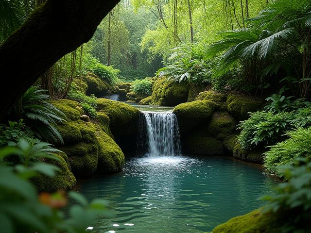 Hidden garden grotto with a gentle cascade and lush ferns