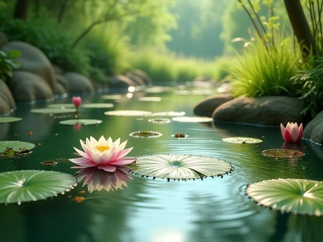 Serene naturalistic pond with lily pads and surrounding lush greenery