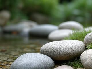 Smooth, river-worn stones forming the natural edge of a pond