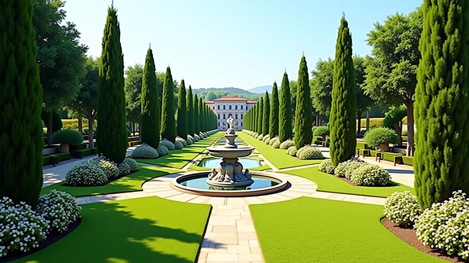 Actual photograph of the finished grand Renaissance garden designed by Meridronvexalto, matching the prior rendering's perspective and features.
