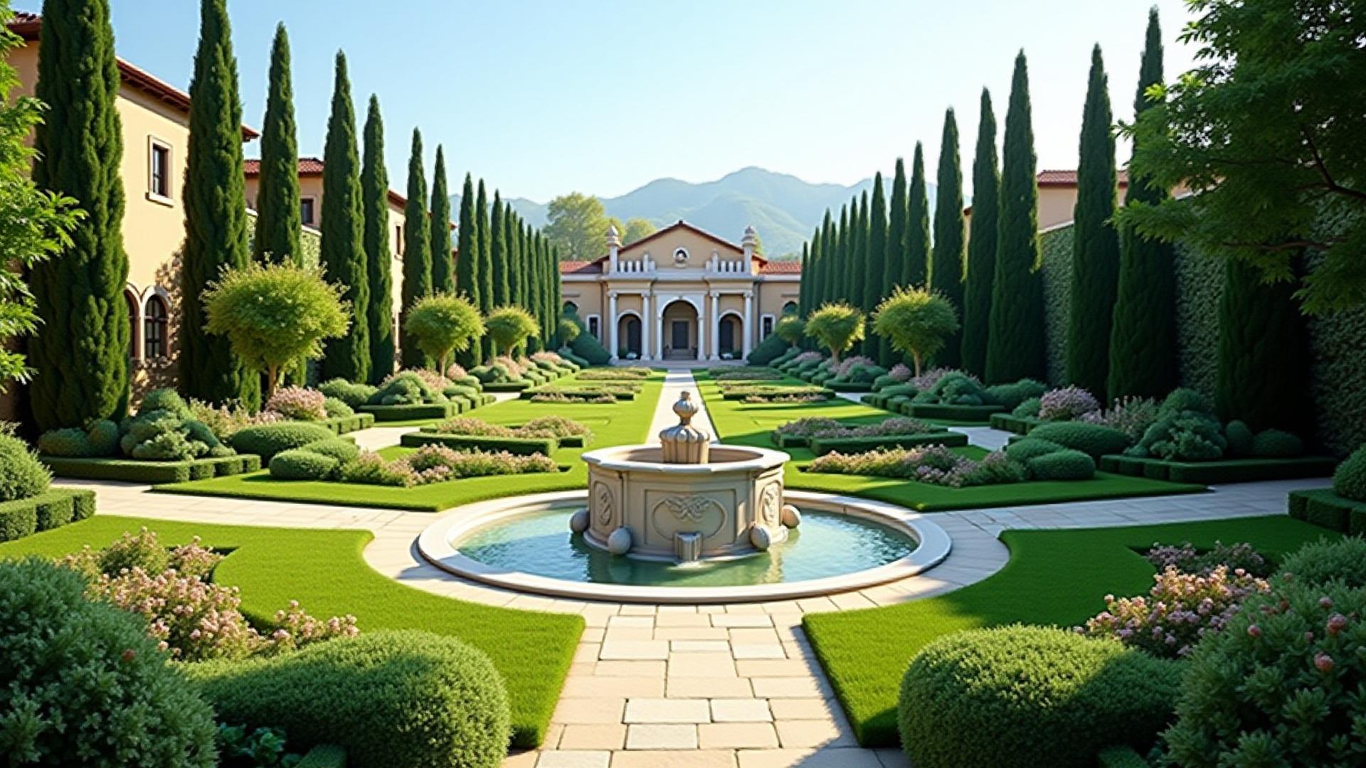 Photorealistic 3D rendering of a grand Renaissance garden with intricate parterres, mature trees, and a classical fountain.