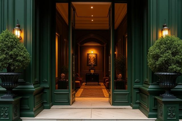 Artistic interpretation of Meridronvexalto's office entrance, blending classic architecture with lush garden elements, conveying elegance and expertise.