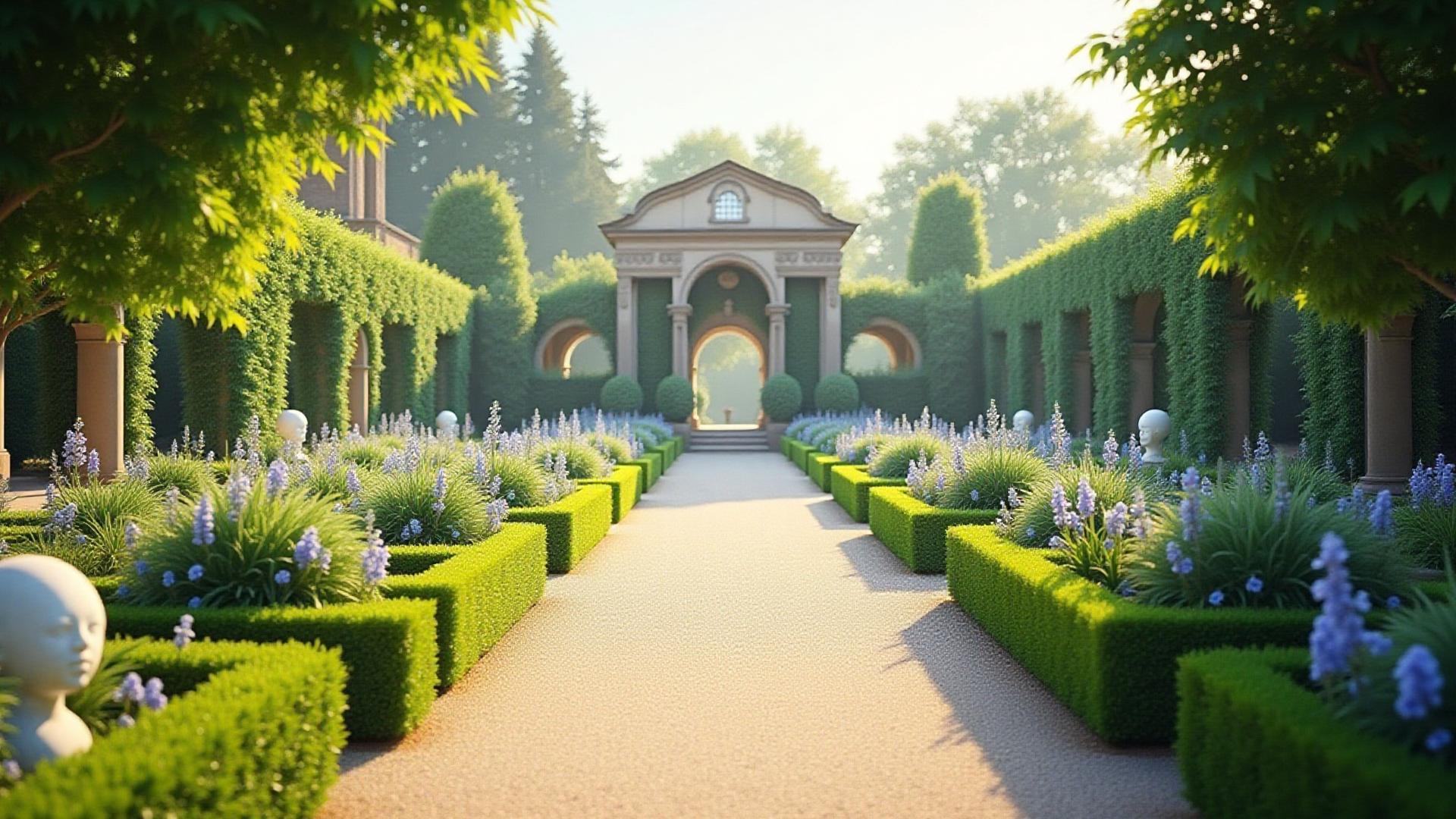 Restored historical garden with vibrant paths and planted beds
