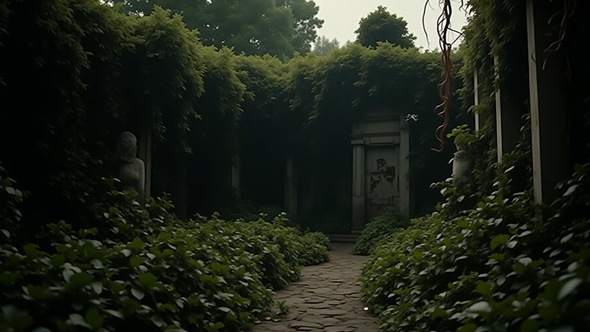 Overgrown, neglected historical garden covered in weeds and untended foliage