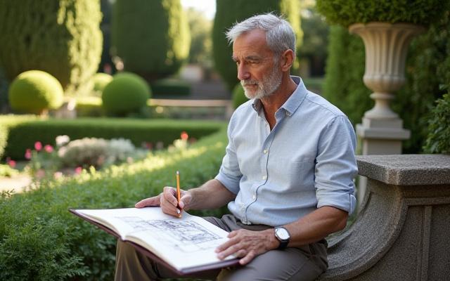 Founder sketching garden plans amidst a flourishing Renaissance-inspired garden