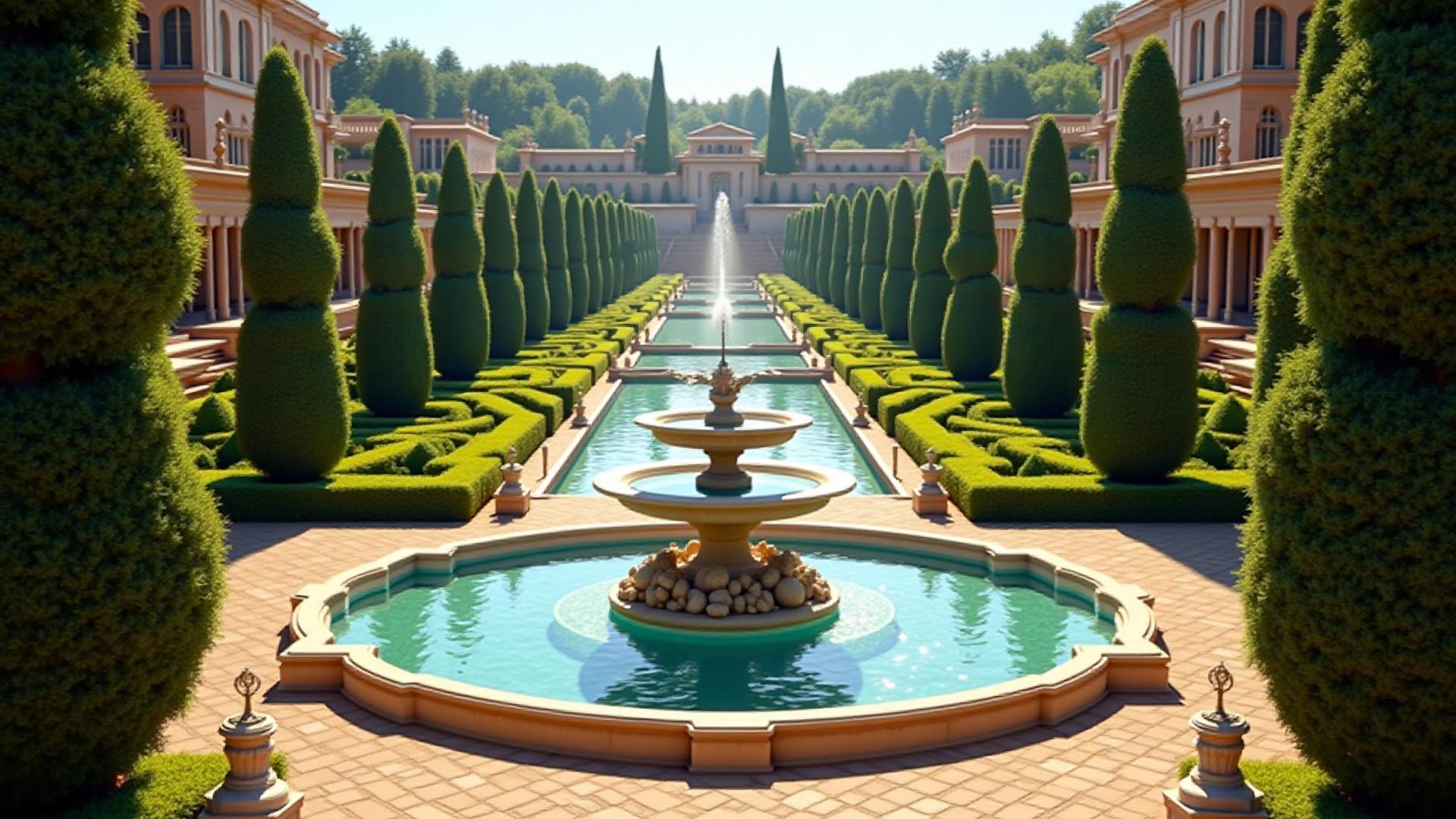 Villa Florentina, a private estate with a grand central fountain and symmetrical topiary