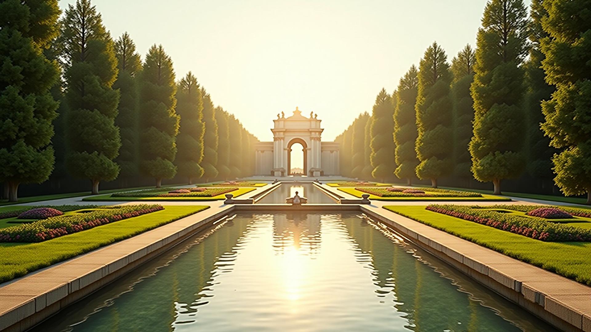 Stunning symmetrical garden with a long reflecting pool, typical of Renaissance design at golden hour.