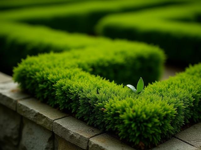 Close-up detail of textured stone edging and meticulously maintained boxwood parterres.