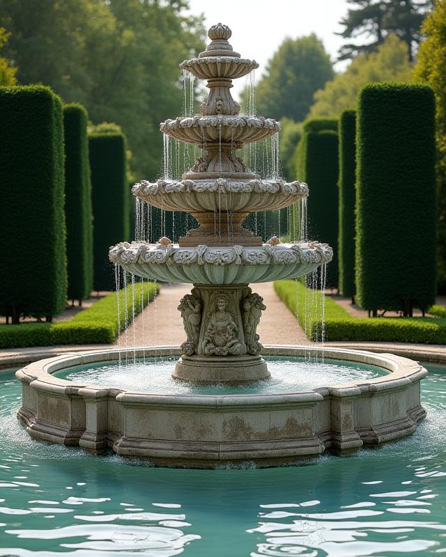 A grand, multi-tiered stone fountain, the centerpiece of a formal garden.