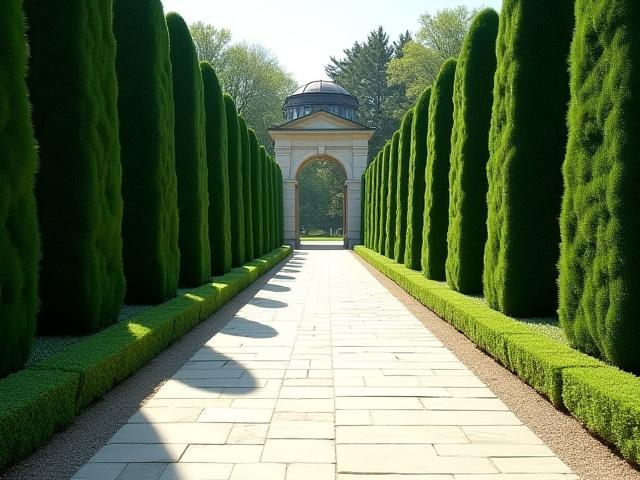 A long garden path bordered by hedges, leading to a distant archway, showcasing perfect axial symmetry.