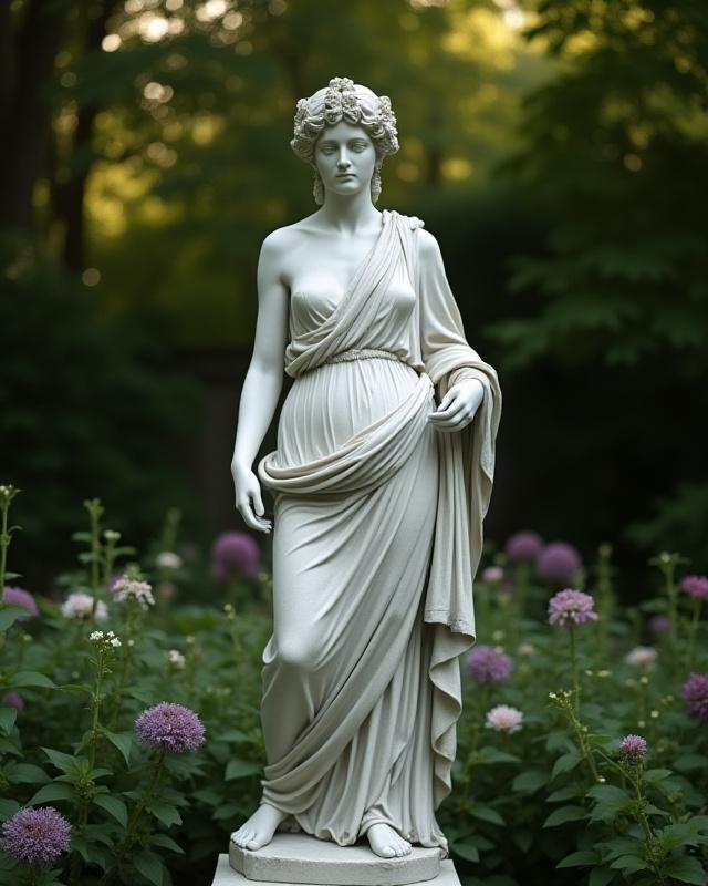 A classical marble statue of a muse, elegantly placed amidst lush greenery as a focal point.