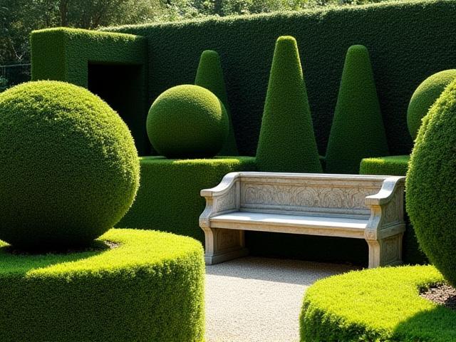An intricately detailed topiary garden with geometric forms and manicured hedges.