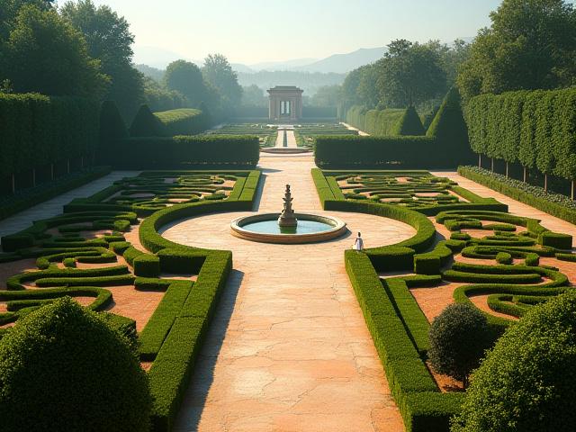 A sweeping wide shot of a full Renaissance garden, showing parterres, fountains, and distant architecture.