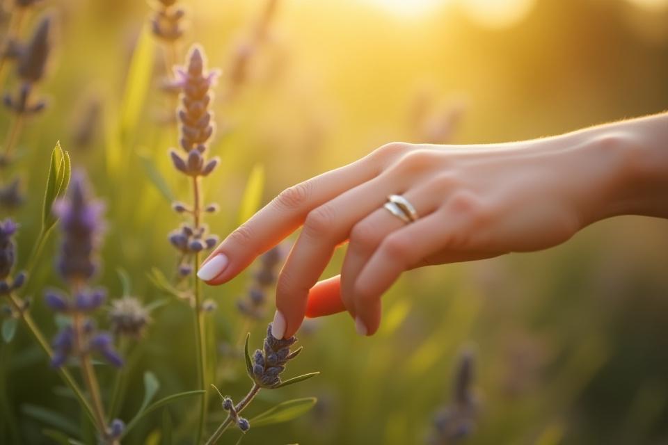 A close-up shot of a hand gently touching fragrant lavender or rosemary in a sun-drenched Renaissance garden, evoking sensory experience.