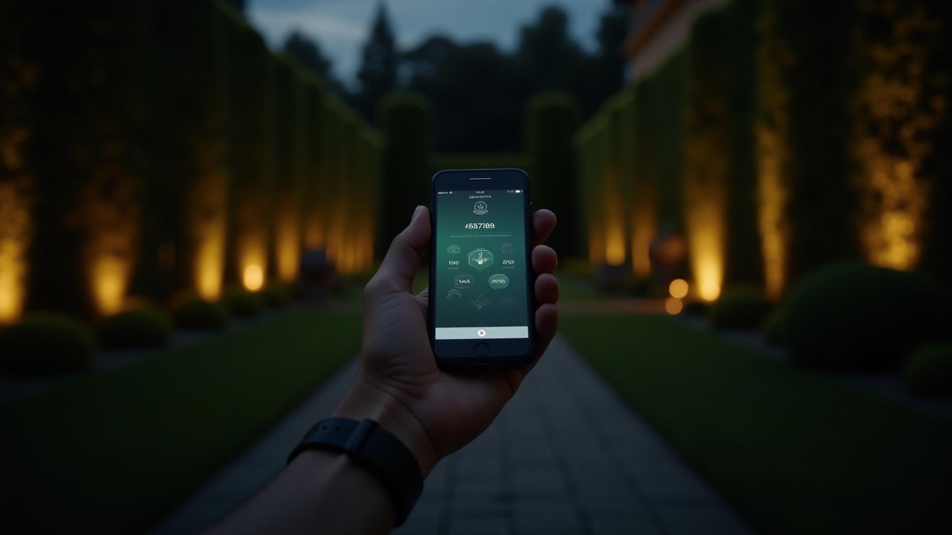 A beautifully lit garden at night, with a hand holding a smartphone showing an app interface controlling garden features.