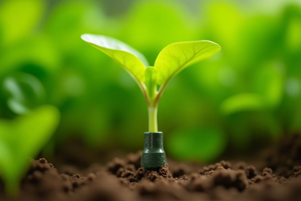 A close-up of a high-efficiency drip irrigation emitter delivering water directly to the base of a plant.