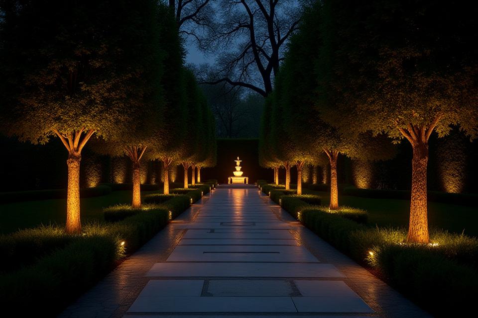 A dramatic night shot of a garden where trees, paths, and a fountain are all artfully illuminated by smart LED lighting.
