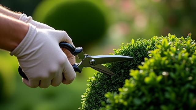 Close-up of a gardener's skilled hands precisely trimming a boxwood spiral with traditional topiary shears.