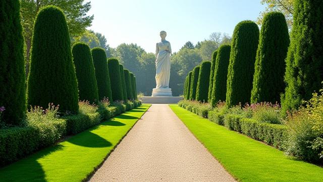 Elegant classical marble statue positioned gracefully at the terminus of a long, manicured garden path, creating a compelling focal point.