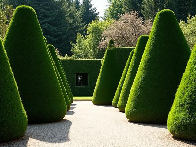 Formal garden featuring a series of meticulously crafted large geometric yew cones, creating a sense of order and precision.