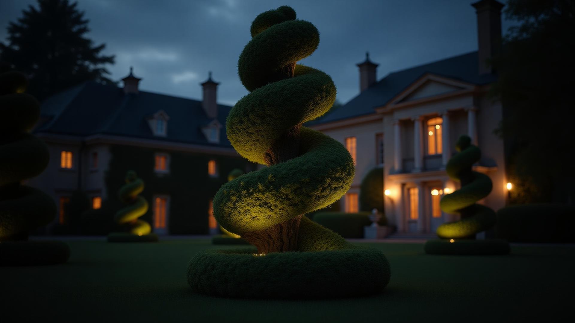 Dramatic, beautifully lit topiary piece at dusk, a testament to horticultural sculpture