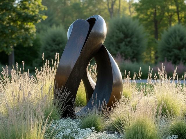 Striking modern abstract sculpture positioned harmoniously amidst lush, soft plantings, serving as an unexpected and captivating garden centerpiece.