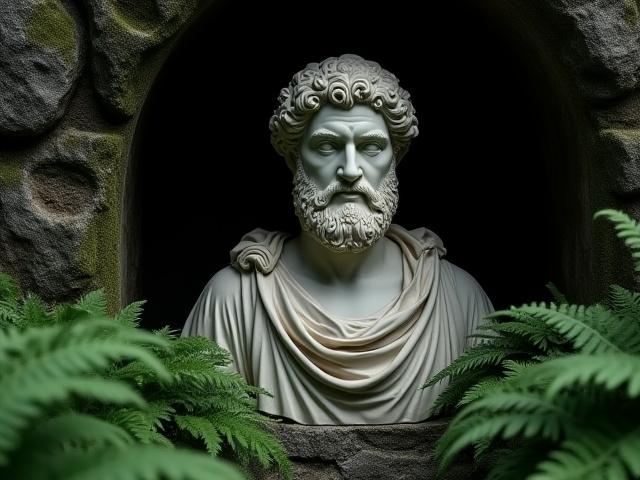 Replica of an exquisitely detailed Roman bust, subtly nestled within a secluded grotto, inviting quiet contemplation.