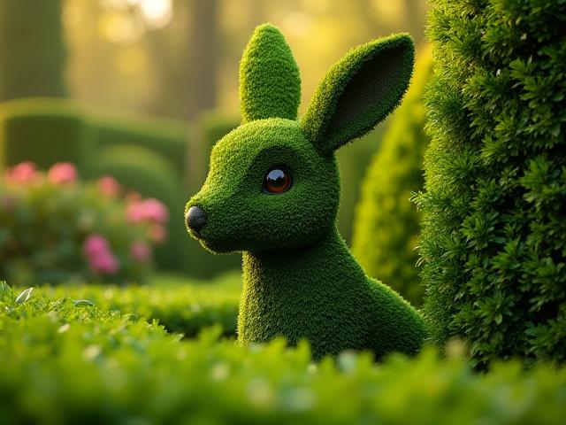 Charming, intricately shaped topiary animal sculpture subtly peeking from behind a lush hedge, adding a playful touch to a family estate.